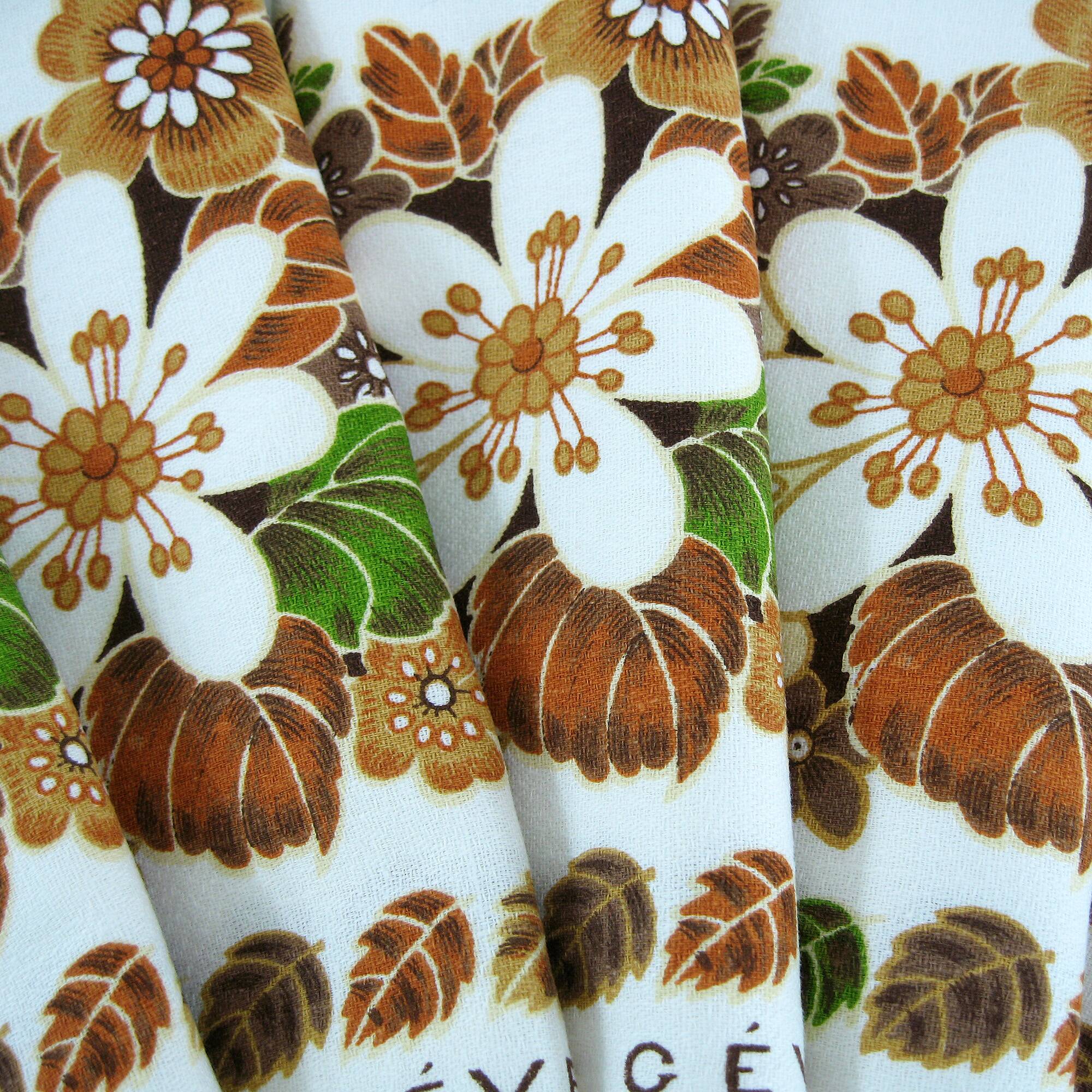 6 cotton napkins - brown and green floral pattern - Gévéor France - vintage 70s