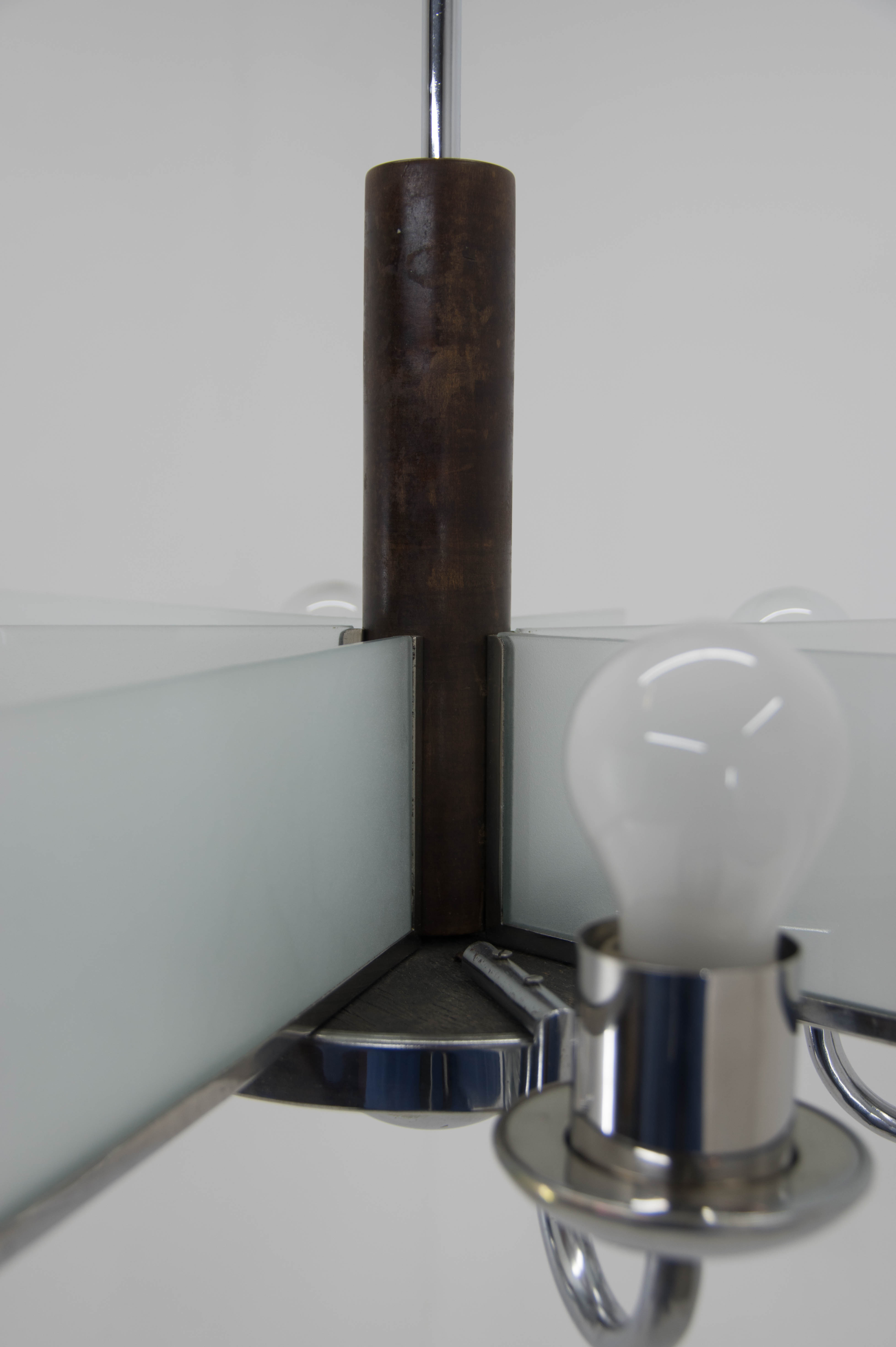 Art Deco Chandelier Made of Chrome, Wood and Sandblasted Glass, 1940s