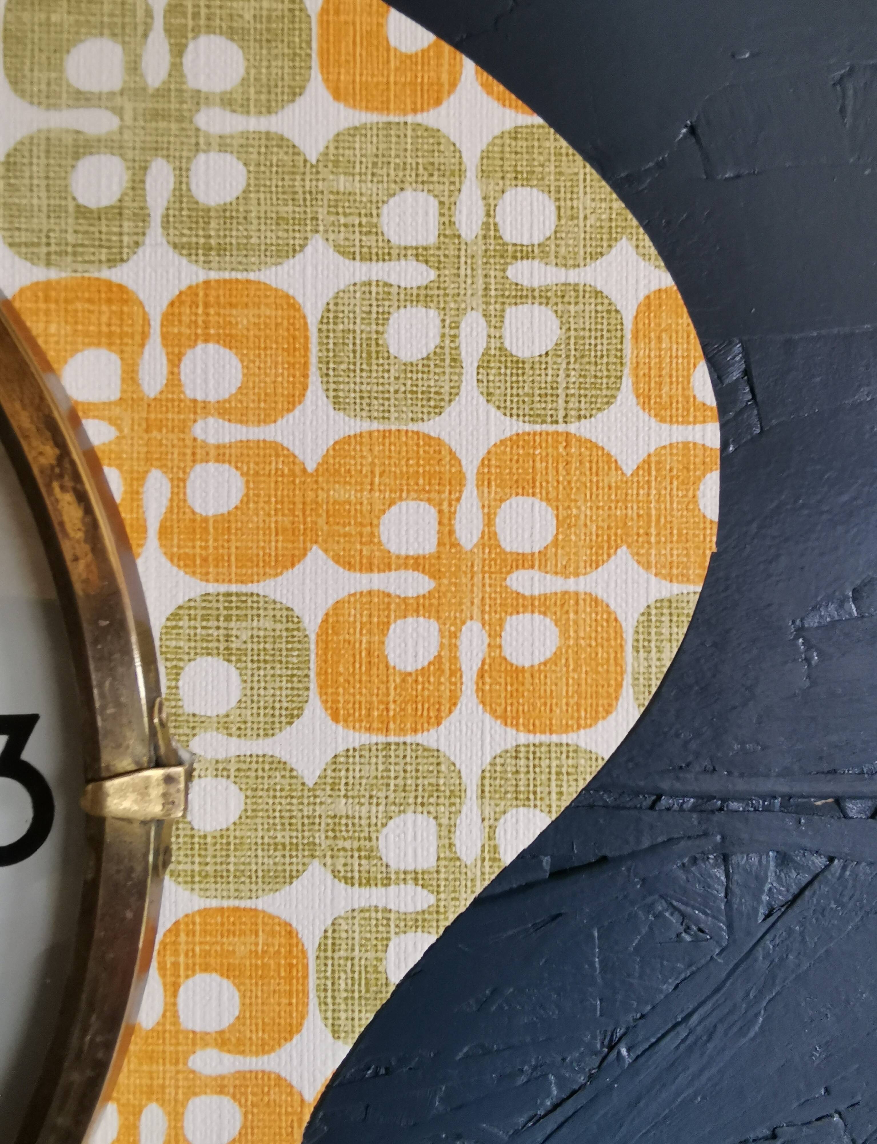 Vintage formica clock silent asymmetrical wall pendulum "DMS green orange"