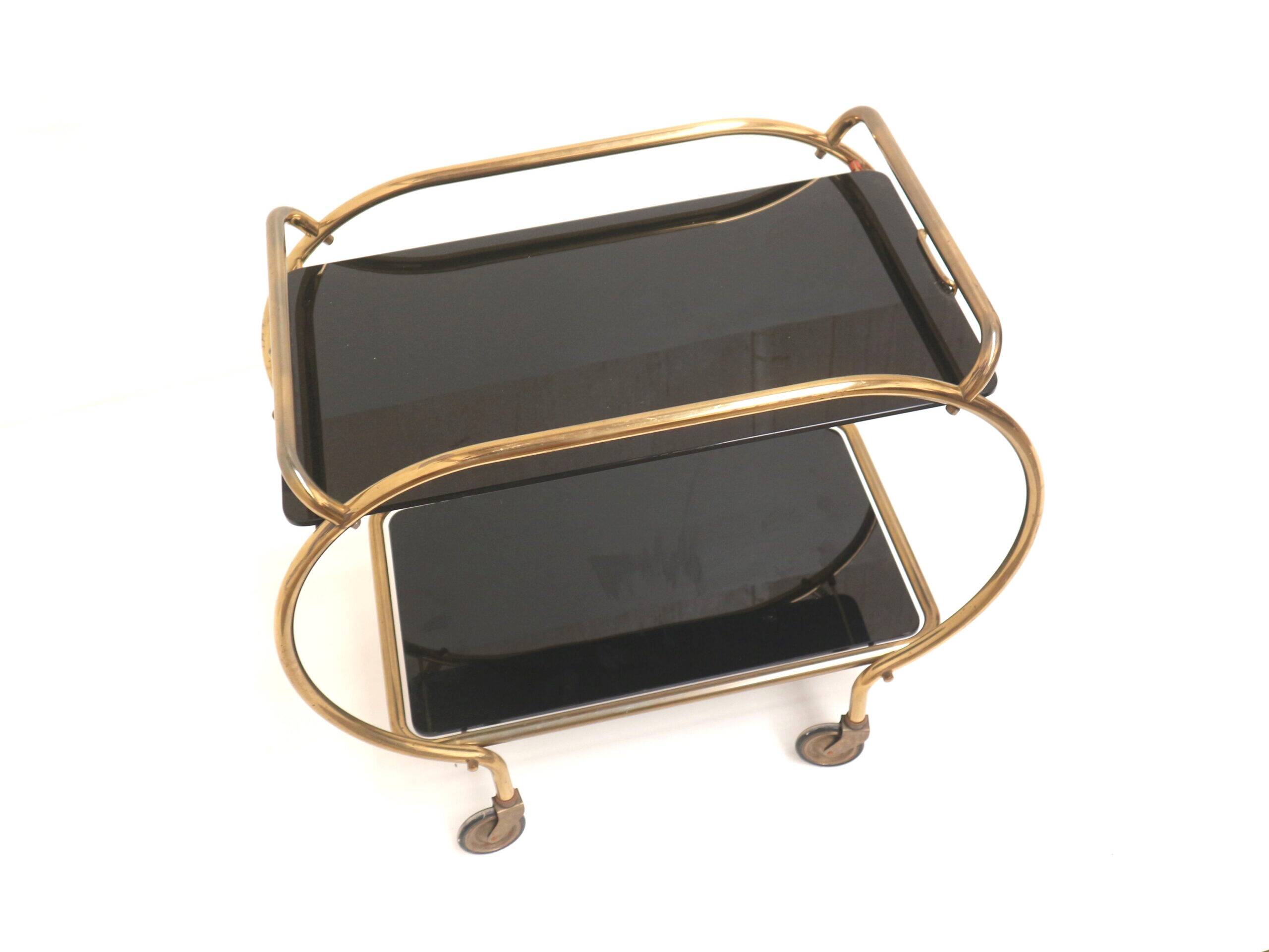 Brass and black glass bar cart / serving cart / side table by Grünstadt