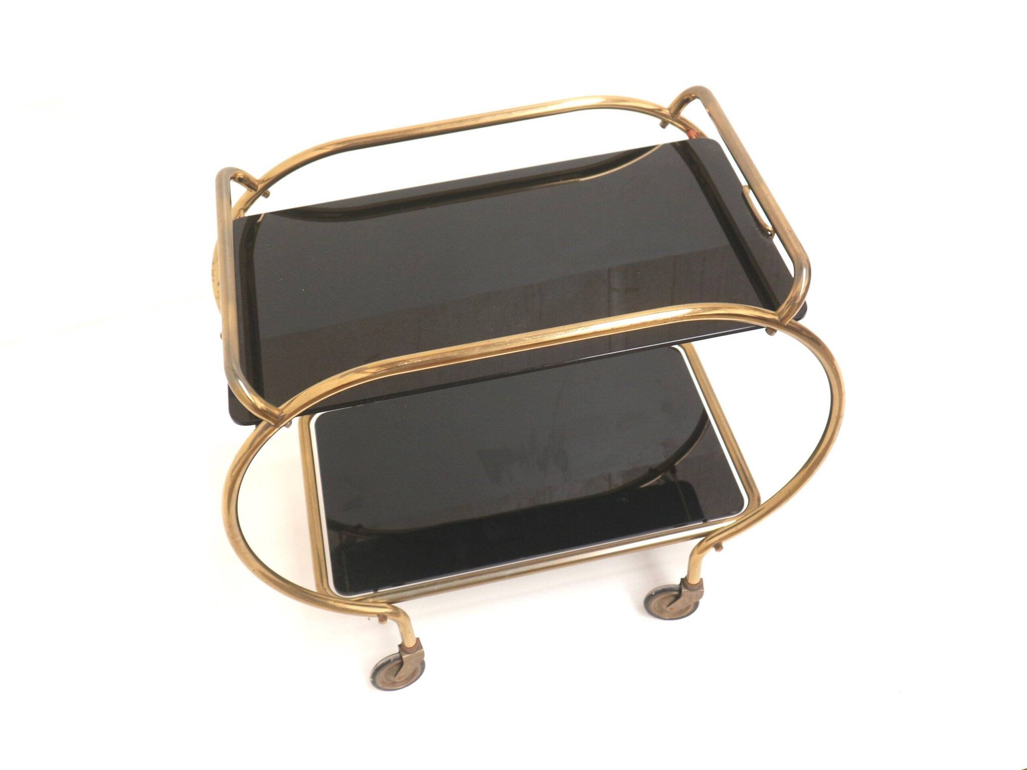 Brass and black glass bar cart / serving cart / side table by Grünstadt