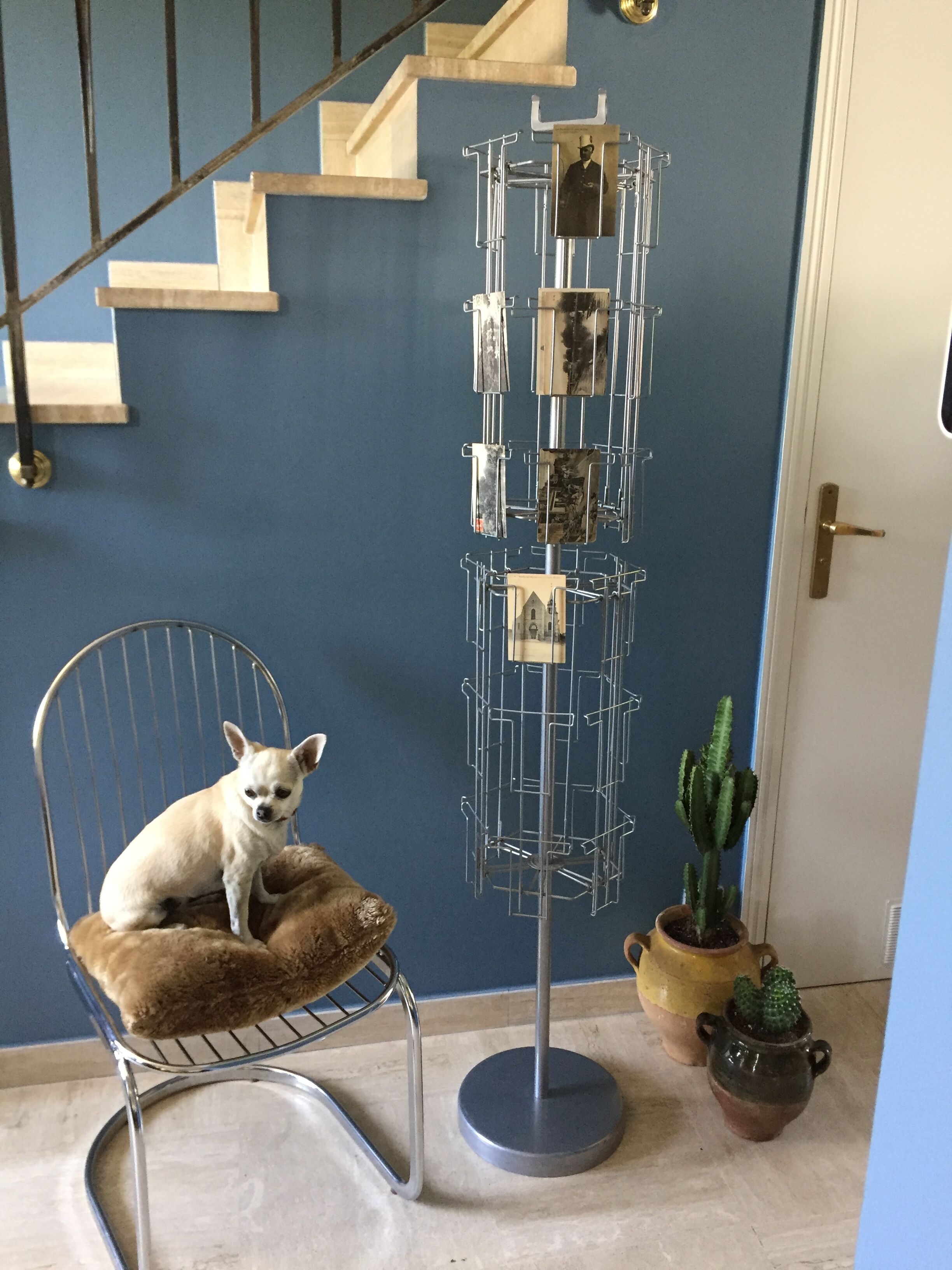 Display postcards and photos in gray metal double turnstile