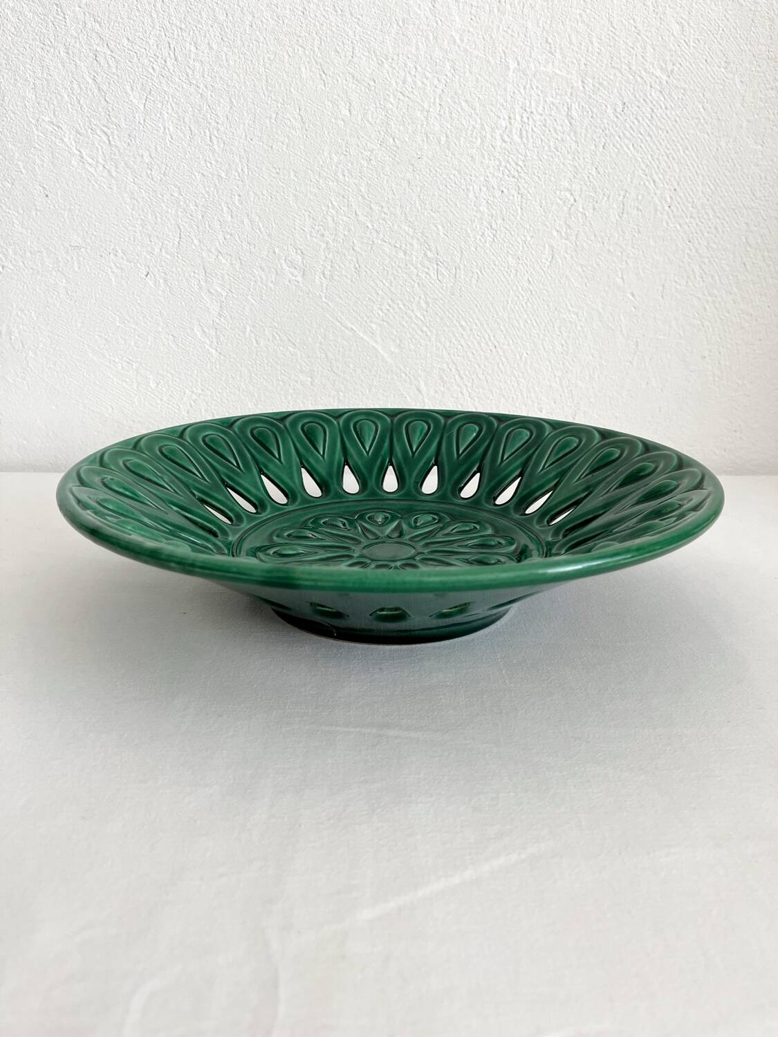 Vintage openwork green ceramic fruit bowl