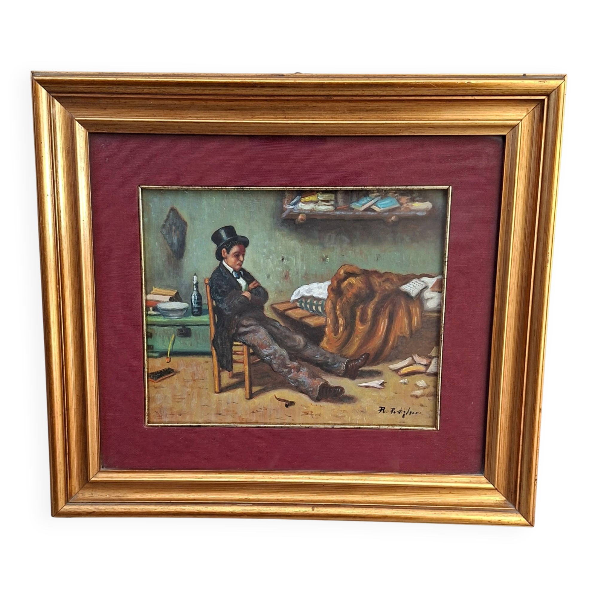 Quadro d'Artiste "Le Poète" A. Pontiglione Vintage Années '80 avec Cadre Doré