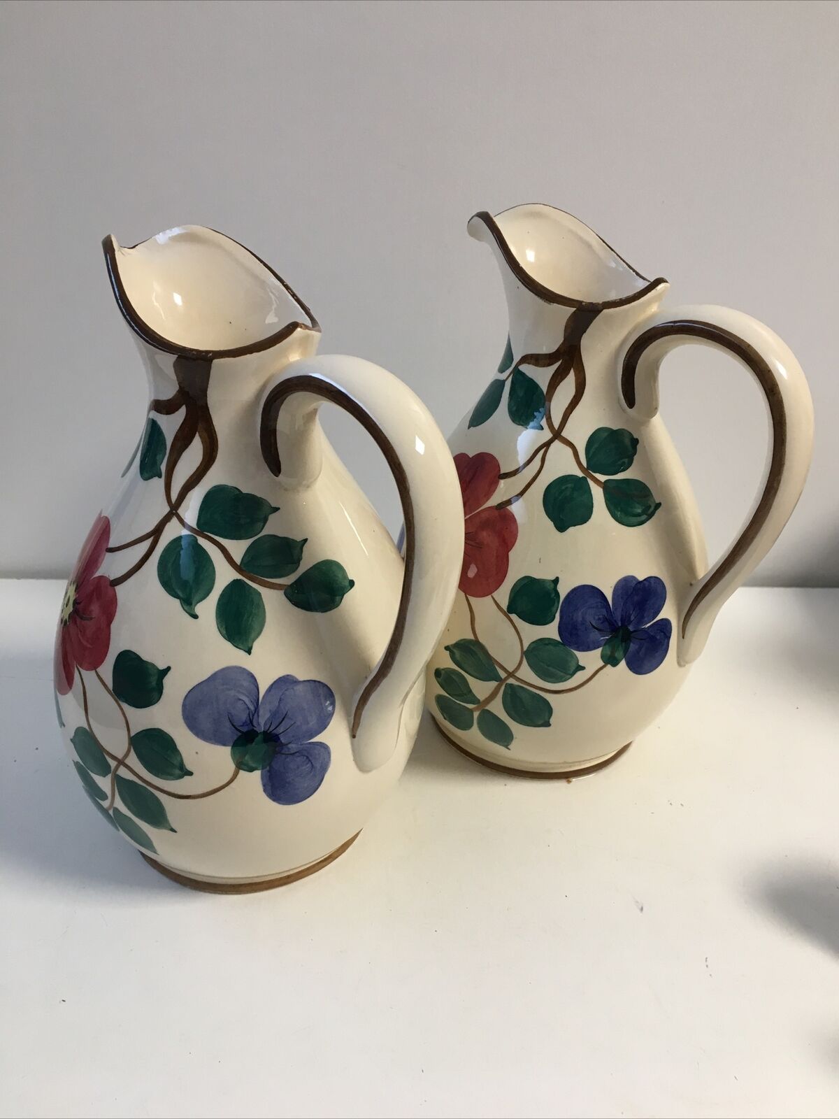 Pair of pitcher vases with spout handle deco numbered flower