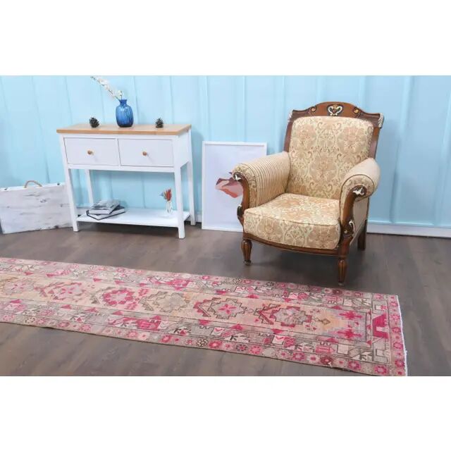 1970s Turkish Hand-Knotted Wool Cotton Pink Runner 78x367