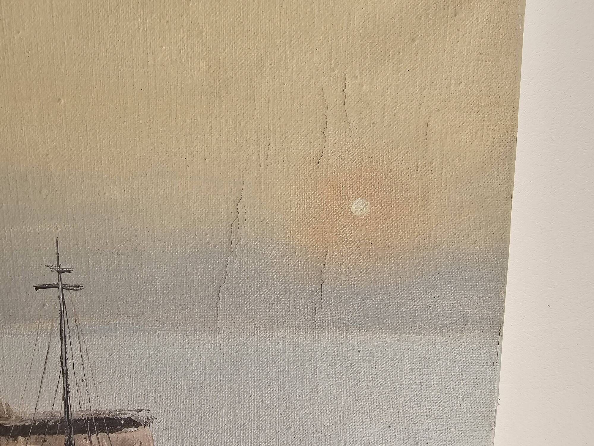Oil on canvas - Marine, fishing port in a village signed Billings