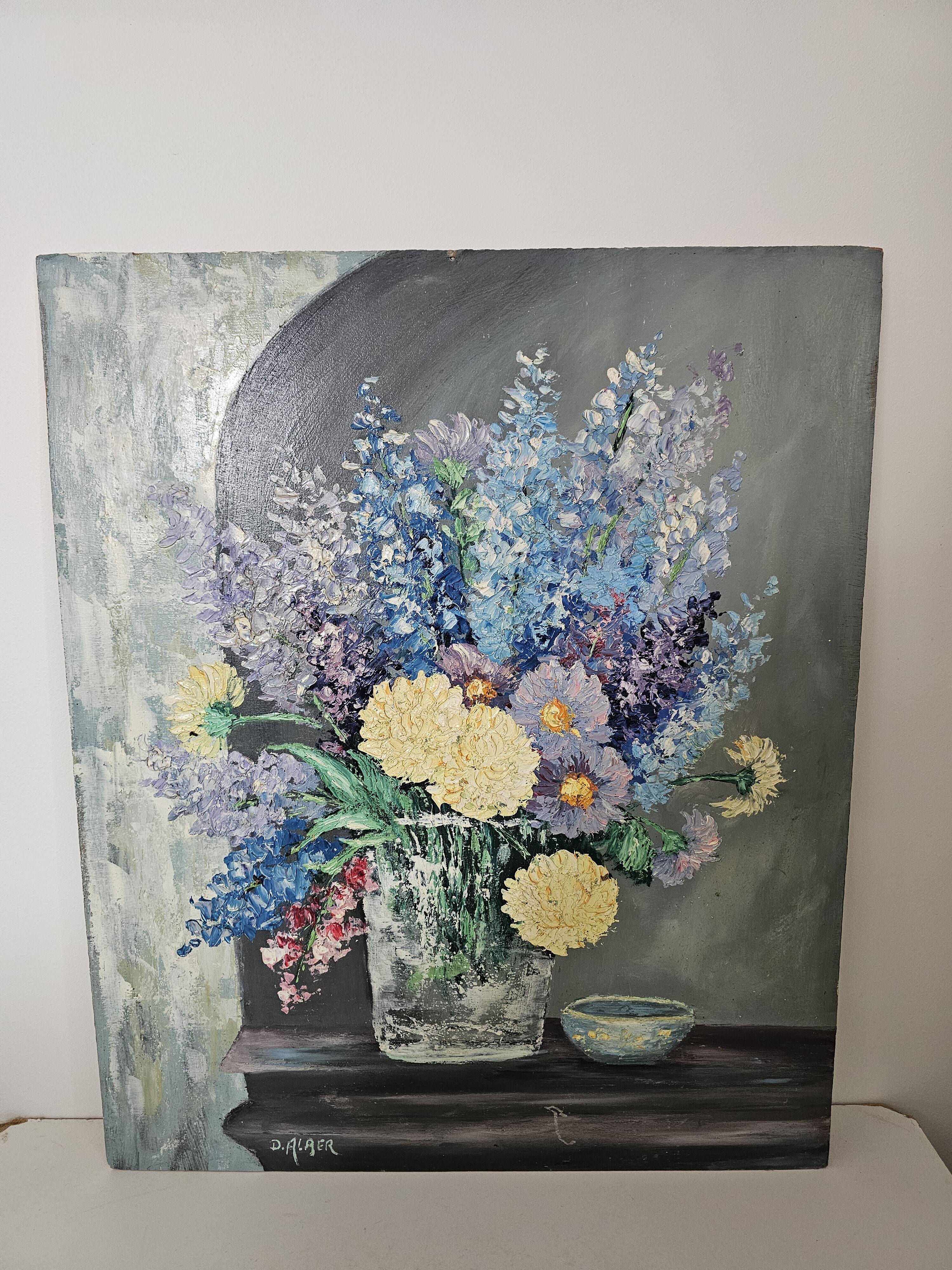 Oil on panel painting - still life flowers lilacs dahlias signed d alrer