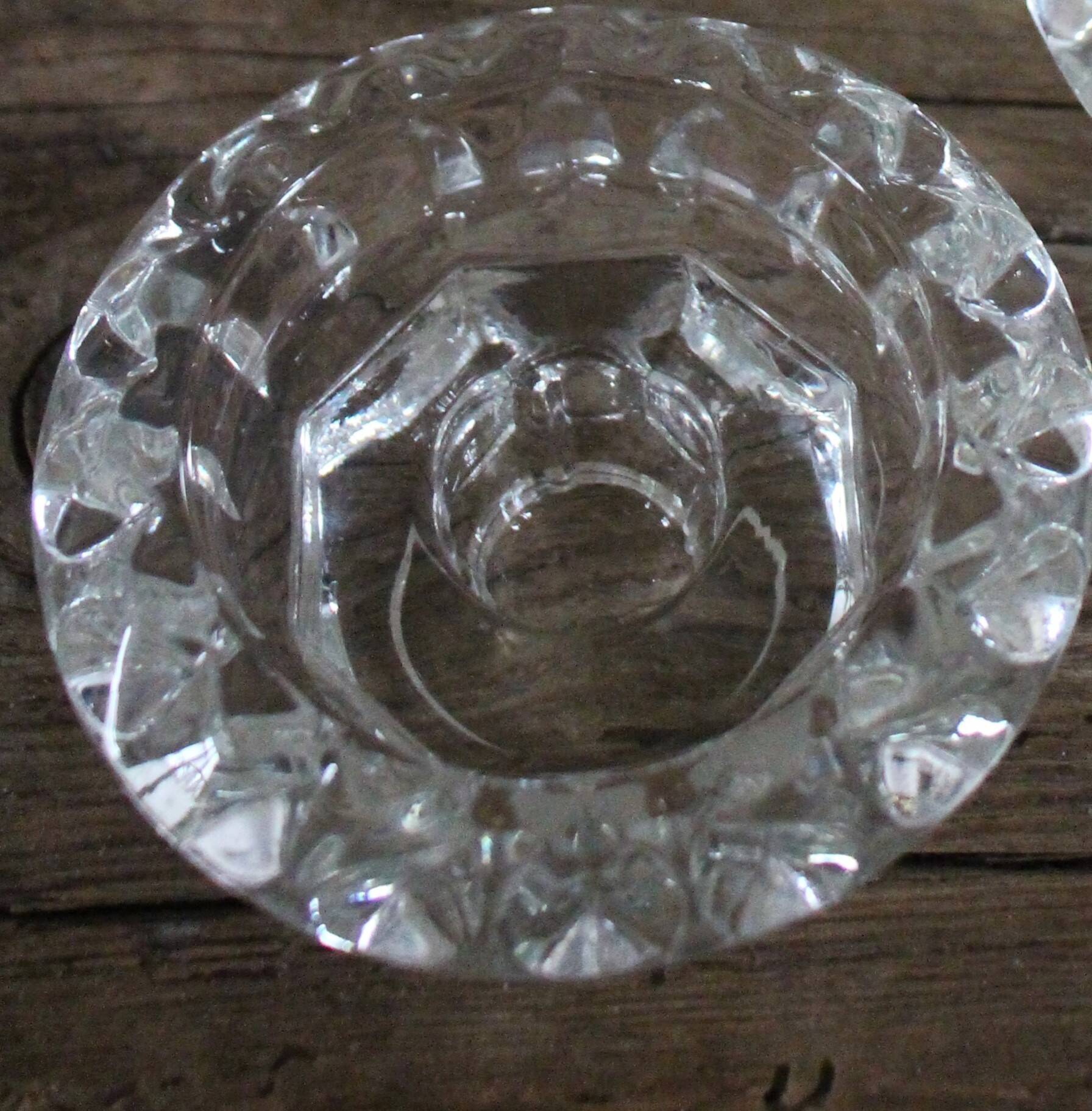 Set of 2 vintage glass candle holders with flower carving