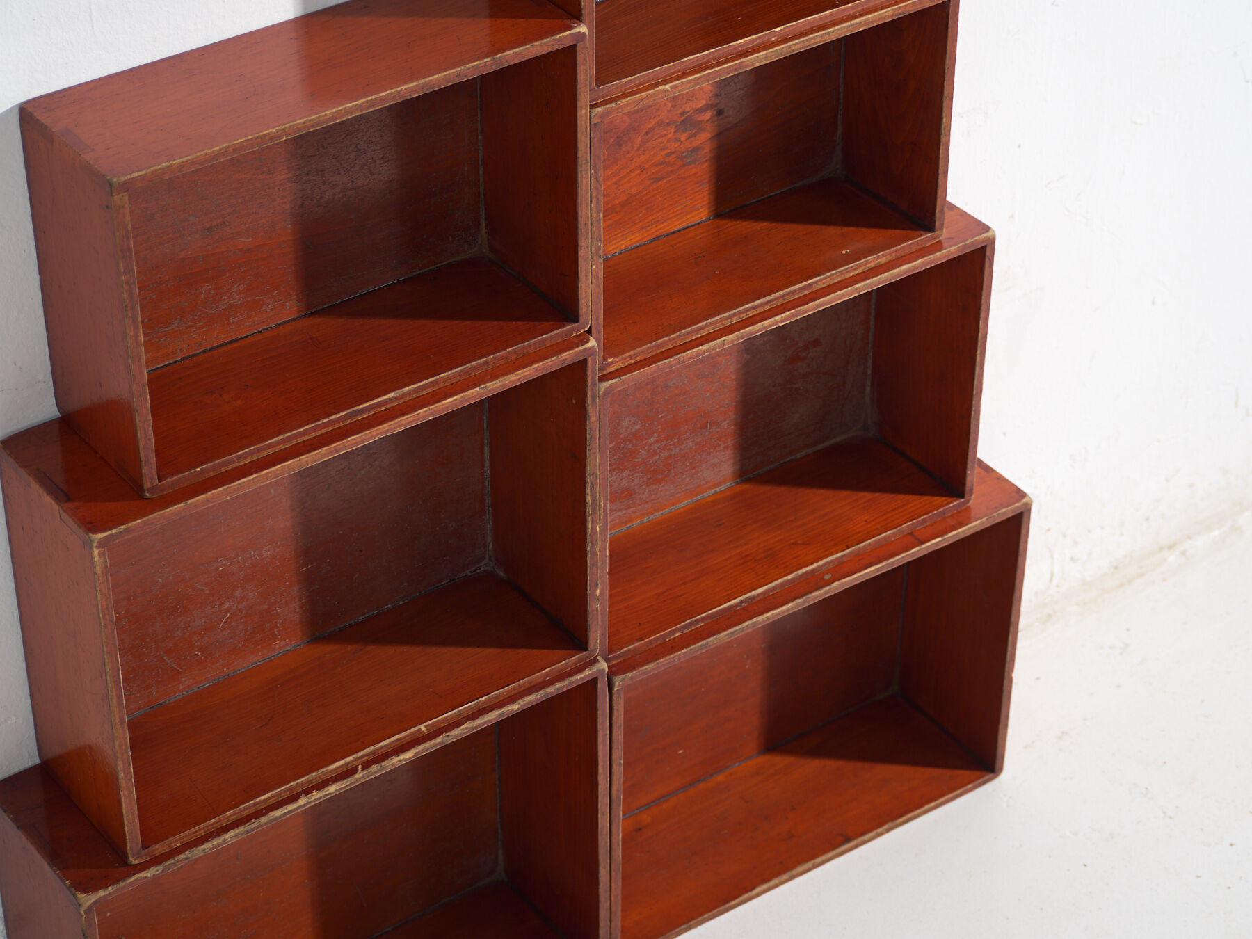 Stackable antique Japanese wooden boxes – set of 7 – Taishō–Shōwa period (c. 1920–1950)