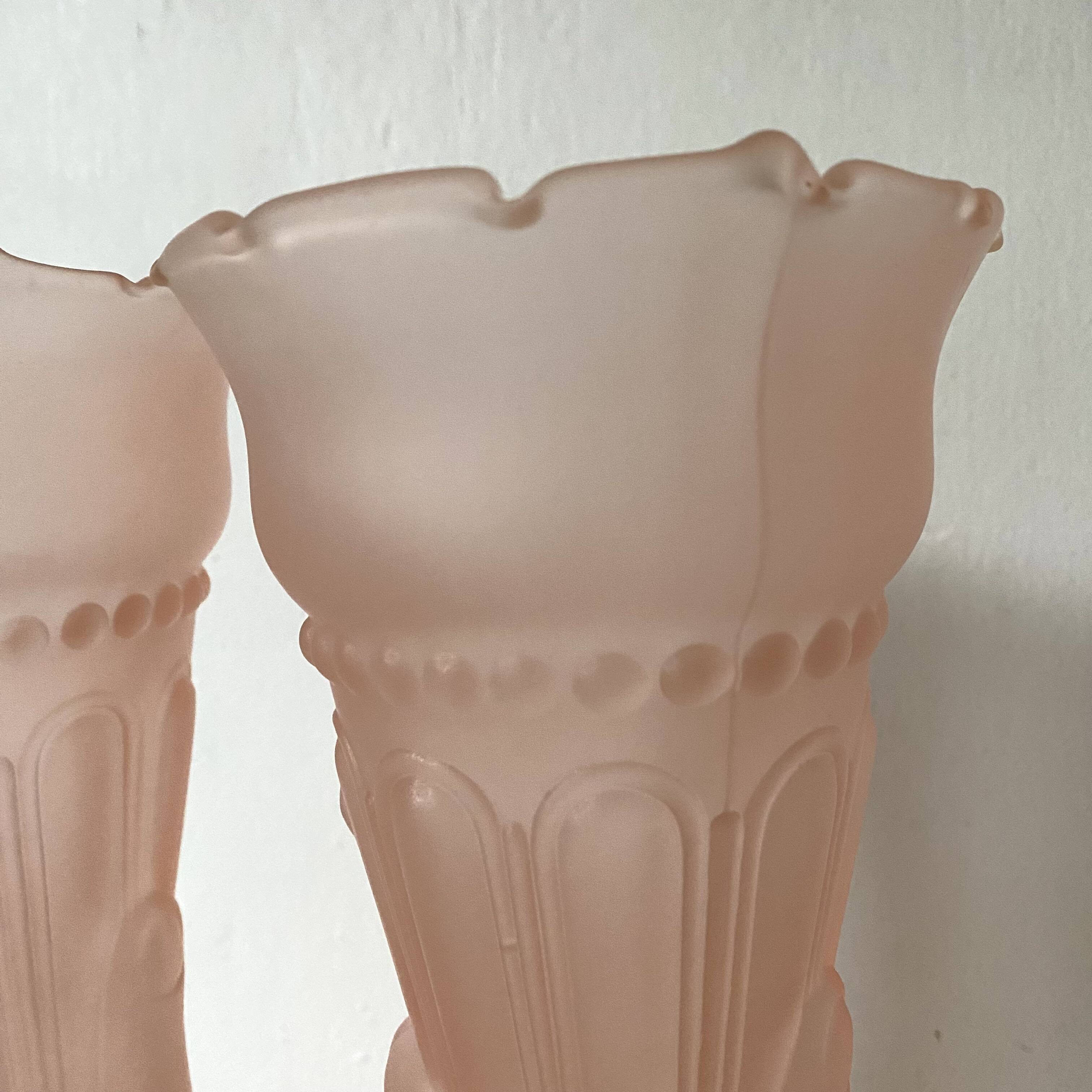Pair of pink frosted glass torch vases, handmade, art deco