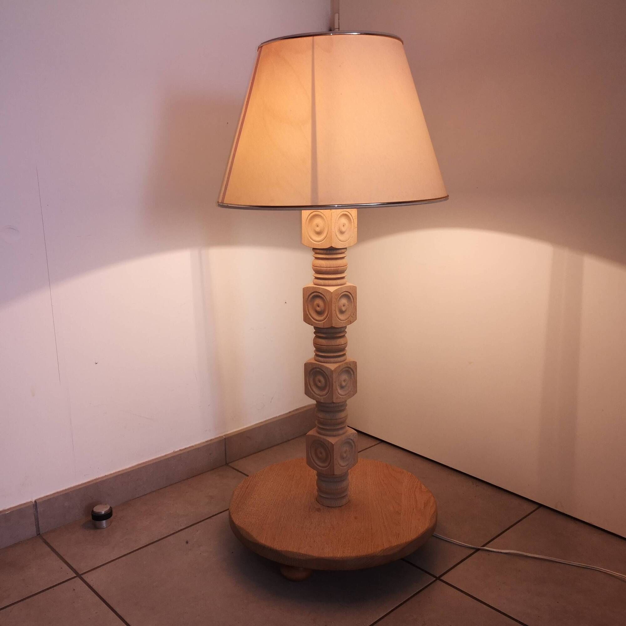 Brutalist living room lamp in raw oak by Charles Dudouyt 1940-1950