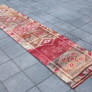 Tapis Couloir Tribal Vintage Rouge, Tapis Turc Géométrique, 75x313 Cm