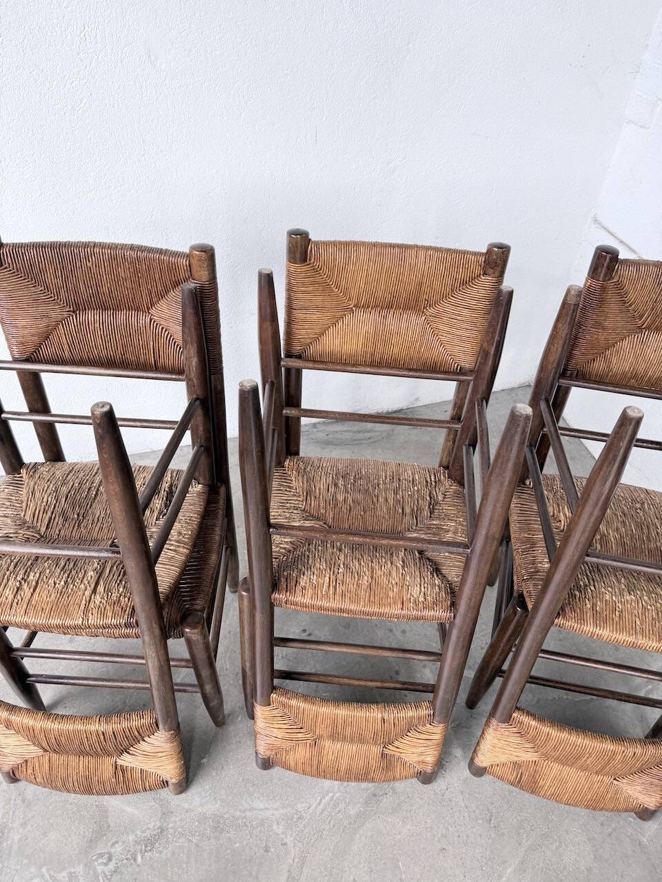 Set of 6 straw and oak Beauche chairs.