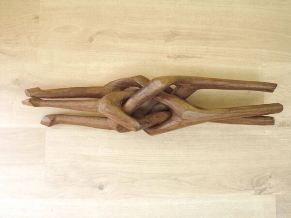 Carved African Hardwood Occasional Table Geometric Top & Interlocking Legs