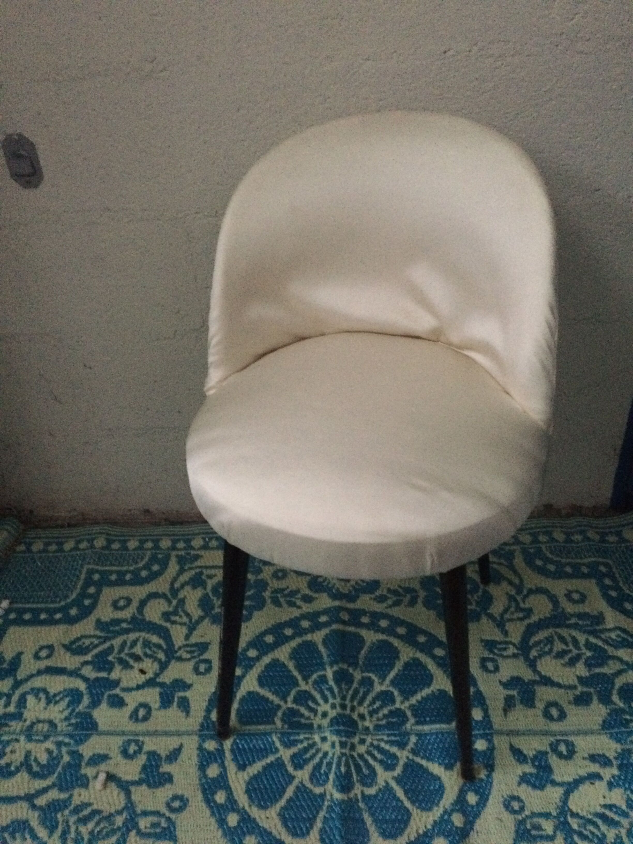 Vintage 1950s white satin armchair with compass legs