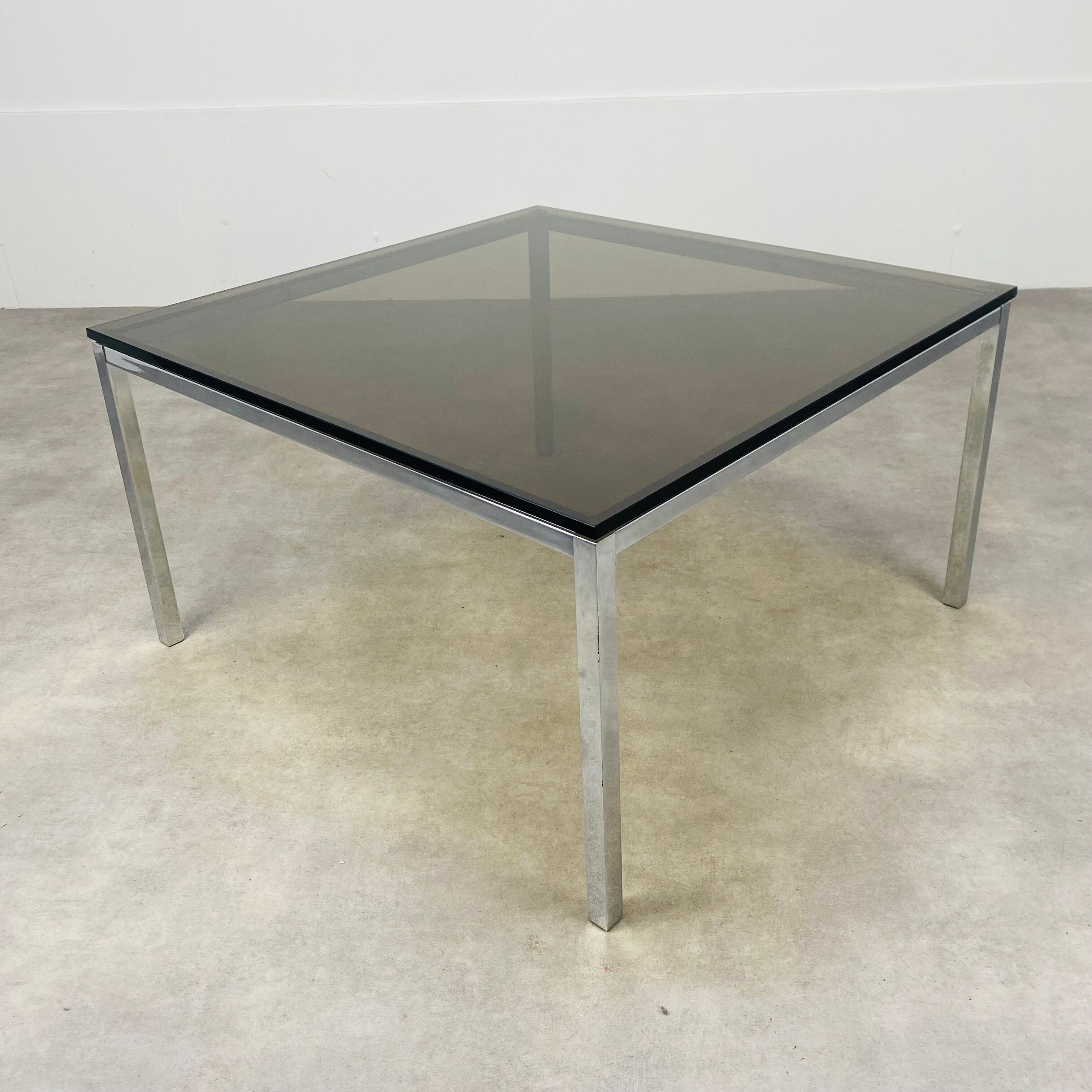Square coffee table chrome and smoked glass 70s