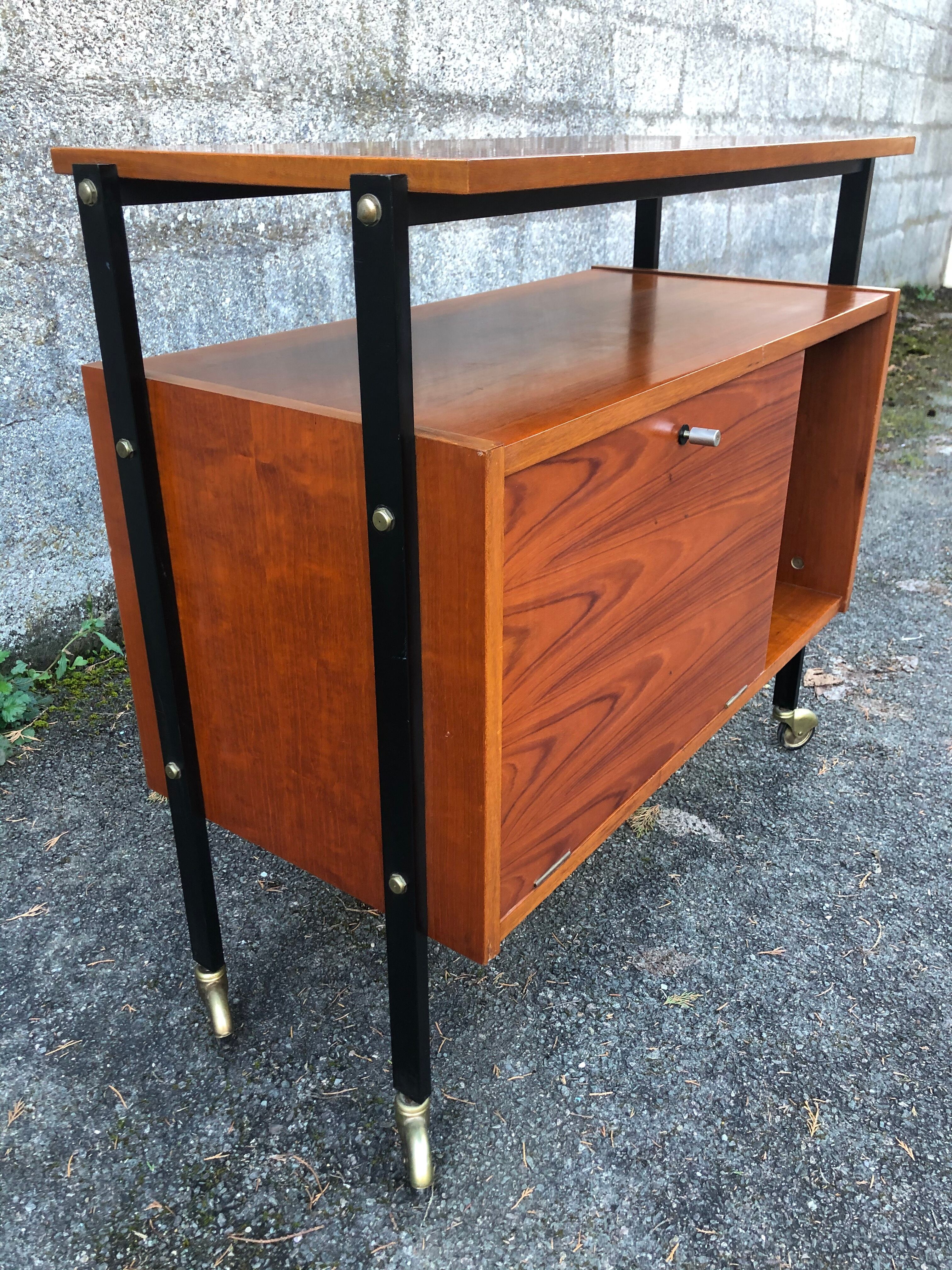 1960 wheeled furniture wood and black metal