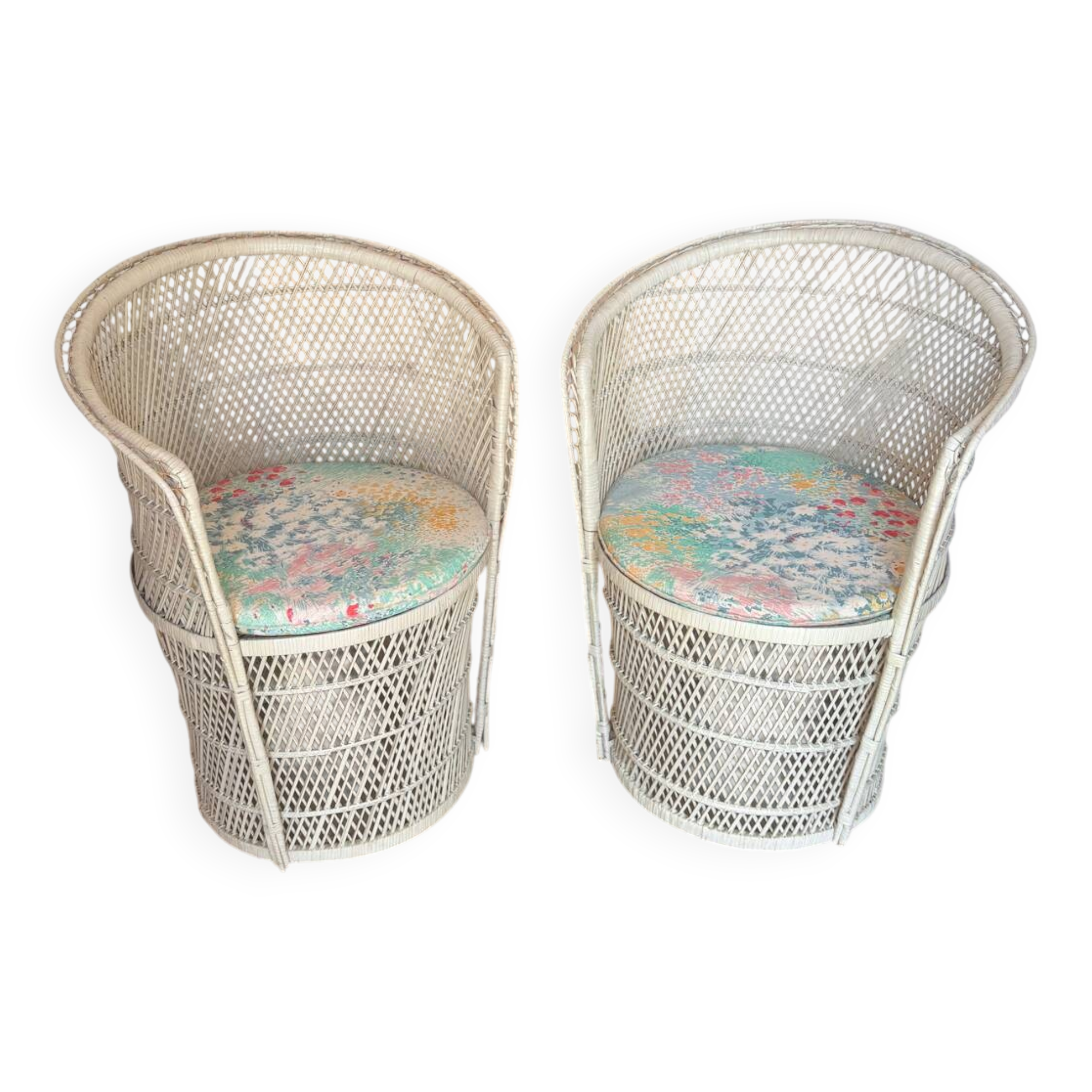 Set of 2 Vintage White Rattan Armchairs – 1970s