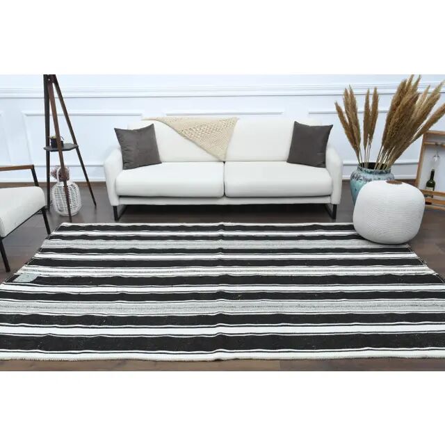 1970s Vintage Turkish Oushak Handmade  White Black Runner Rug  182x296