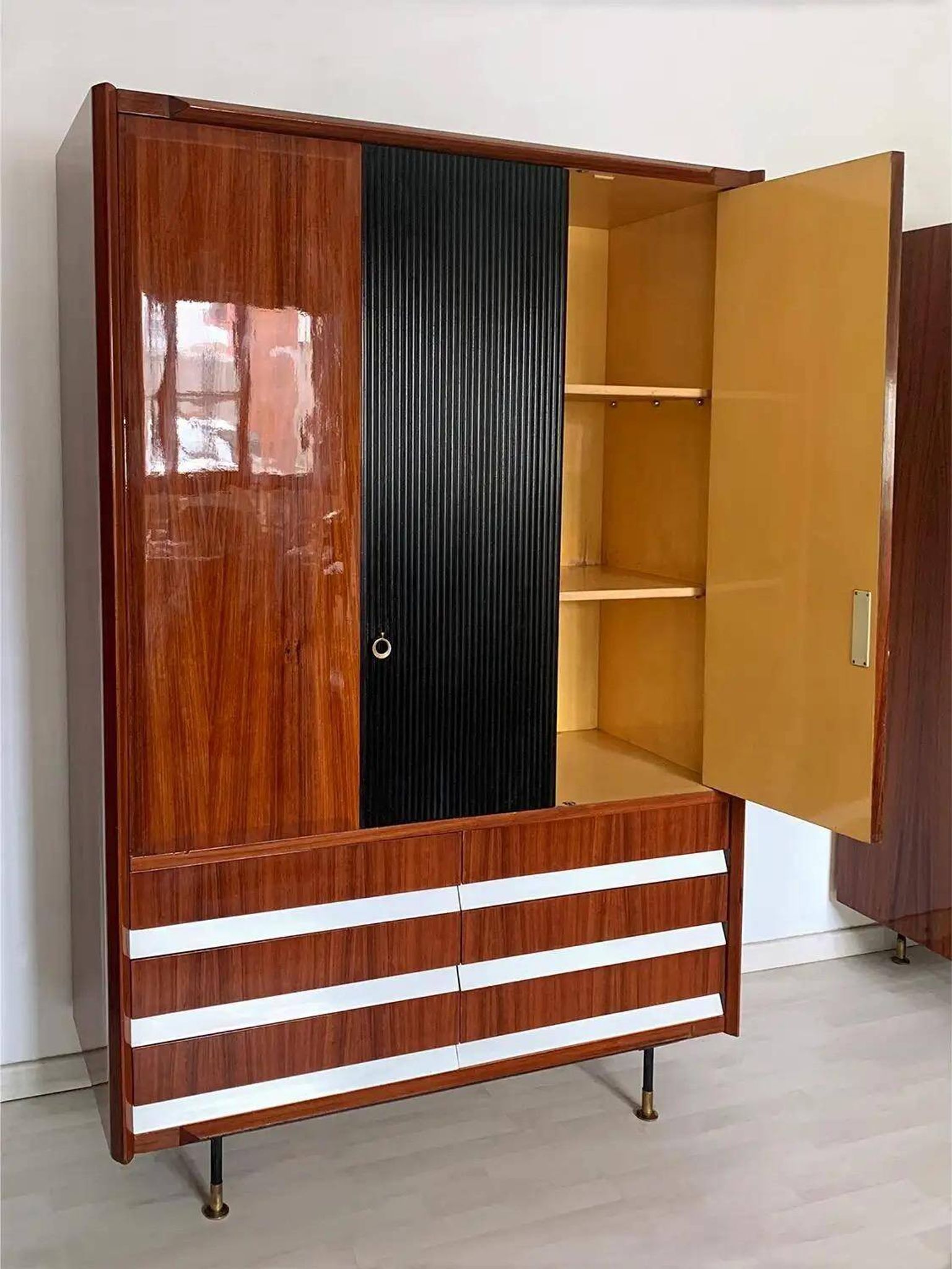 Vintage Italian Wardrobe, Walnut, Fluted Wood, Brass Feet 1950s italian