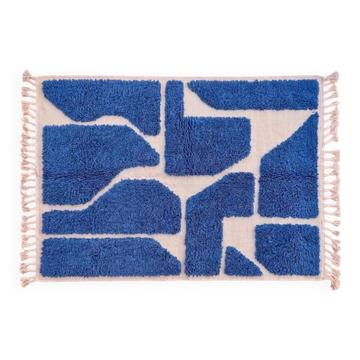 Tapis beni ouraine traditionnel authentique blanc et bleu 2/3 m