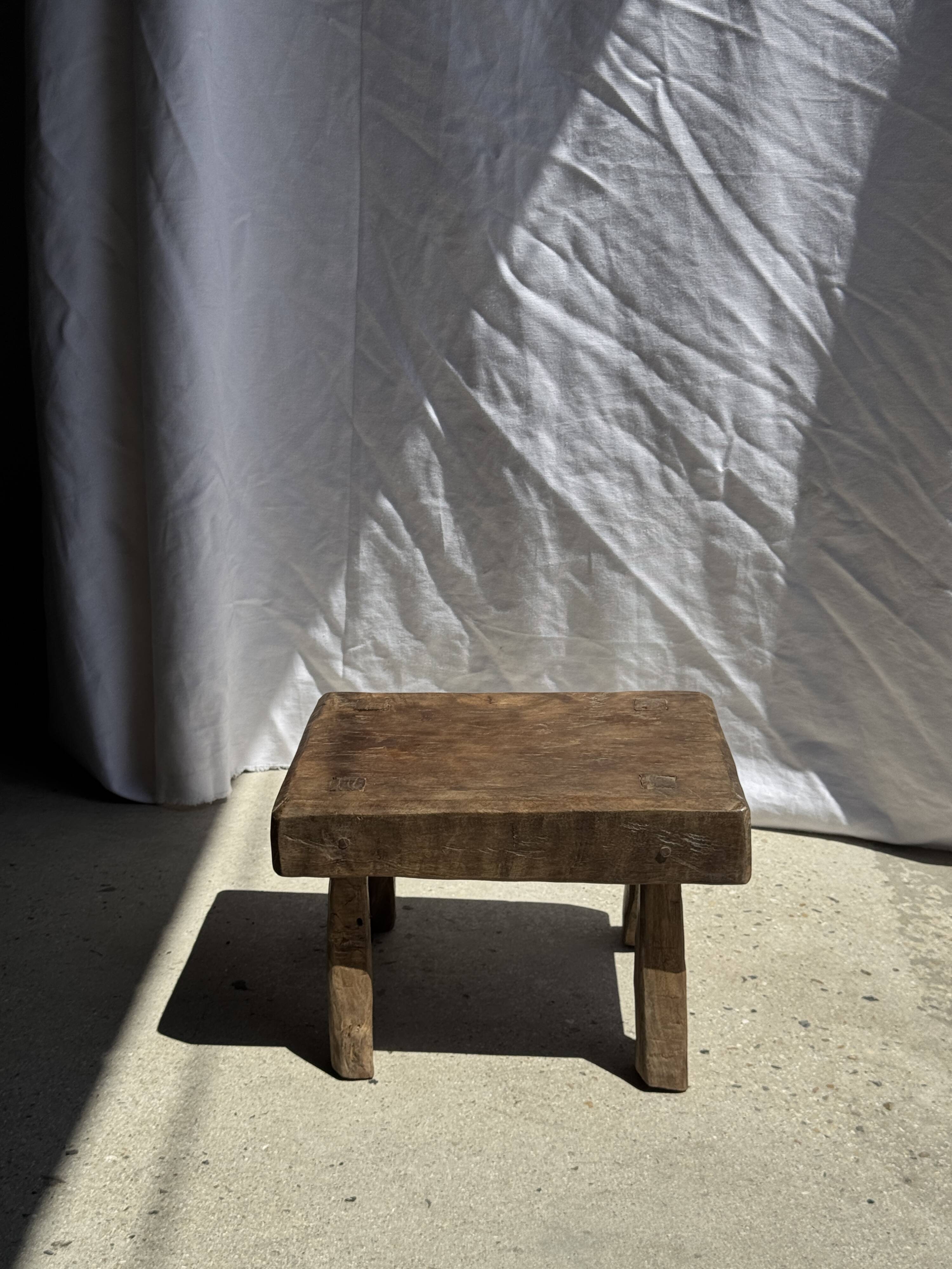 Small stool, rectangular accent stool in solid teak wabi-sabi H26