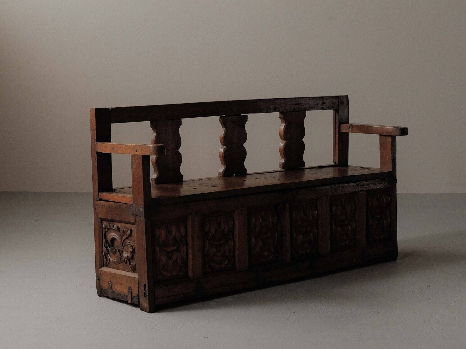 Carved solid wood bench-chest, 18th century