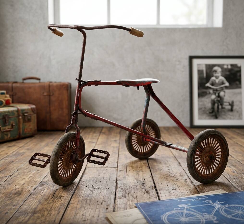Tricycle enfant métal riveté 1920 • Style urbex