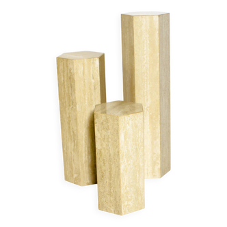 Set of 3 hexagonal travertine columns or pedestals from the 70s
