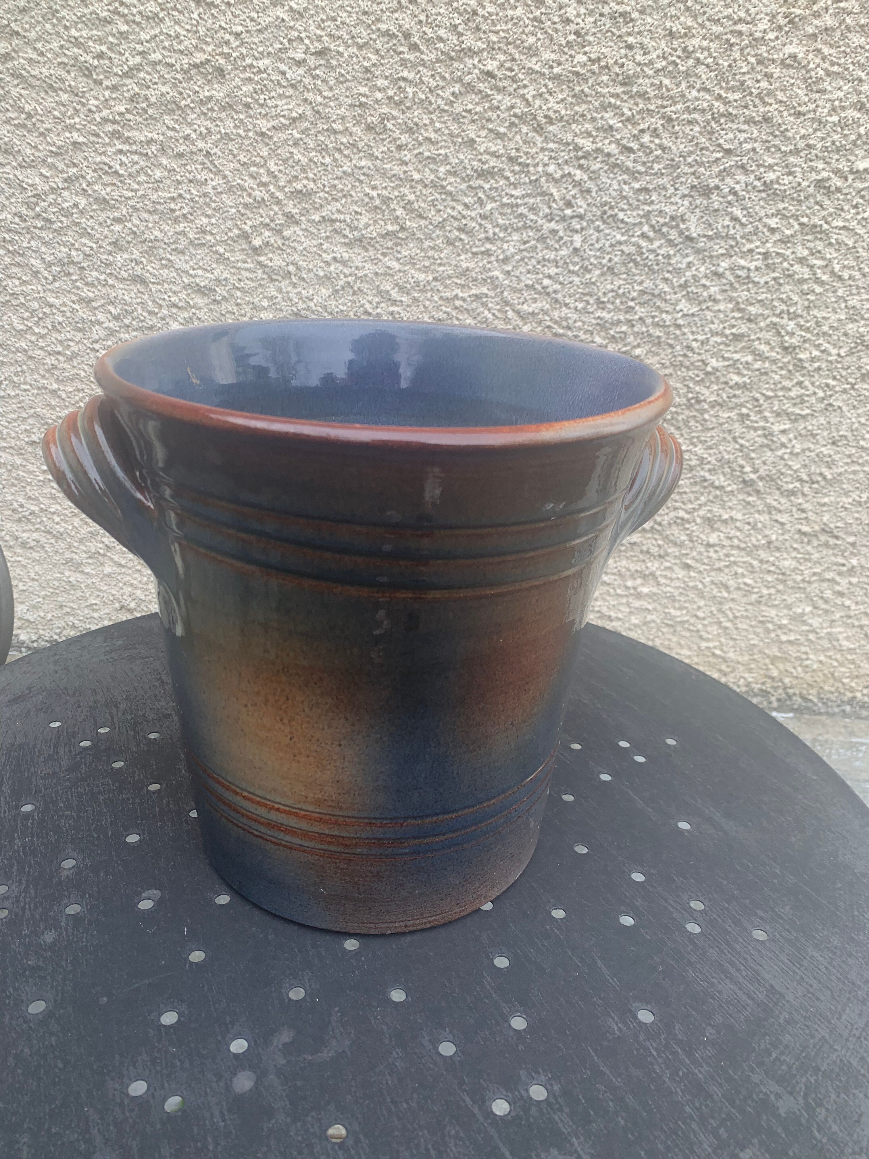 Champagne bucket in blue and beige glazed ceramic, vintage handmade