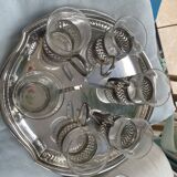 6 small glasses in their silver metal holder, with handle