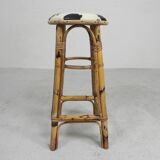 Bamboo bar stool with leatherette seat in cow print, 1950s
