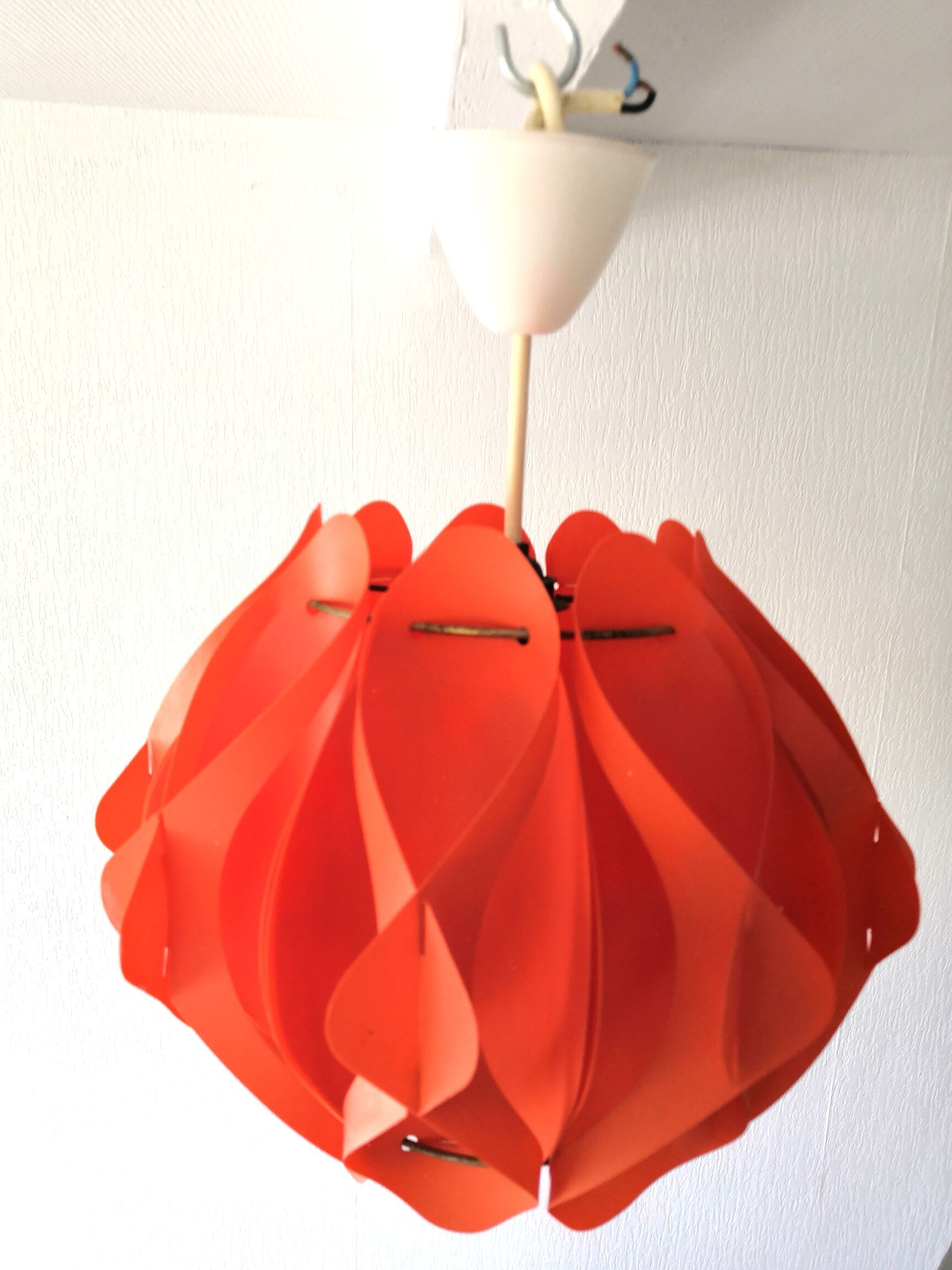 Orange pendant lamp in pleated plastic design 70s