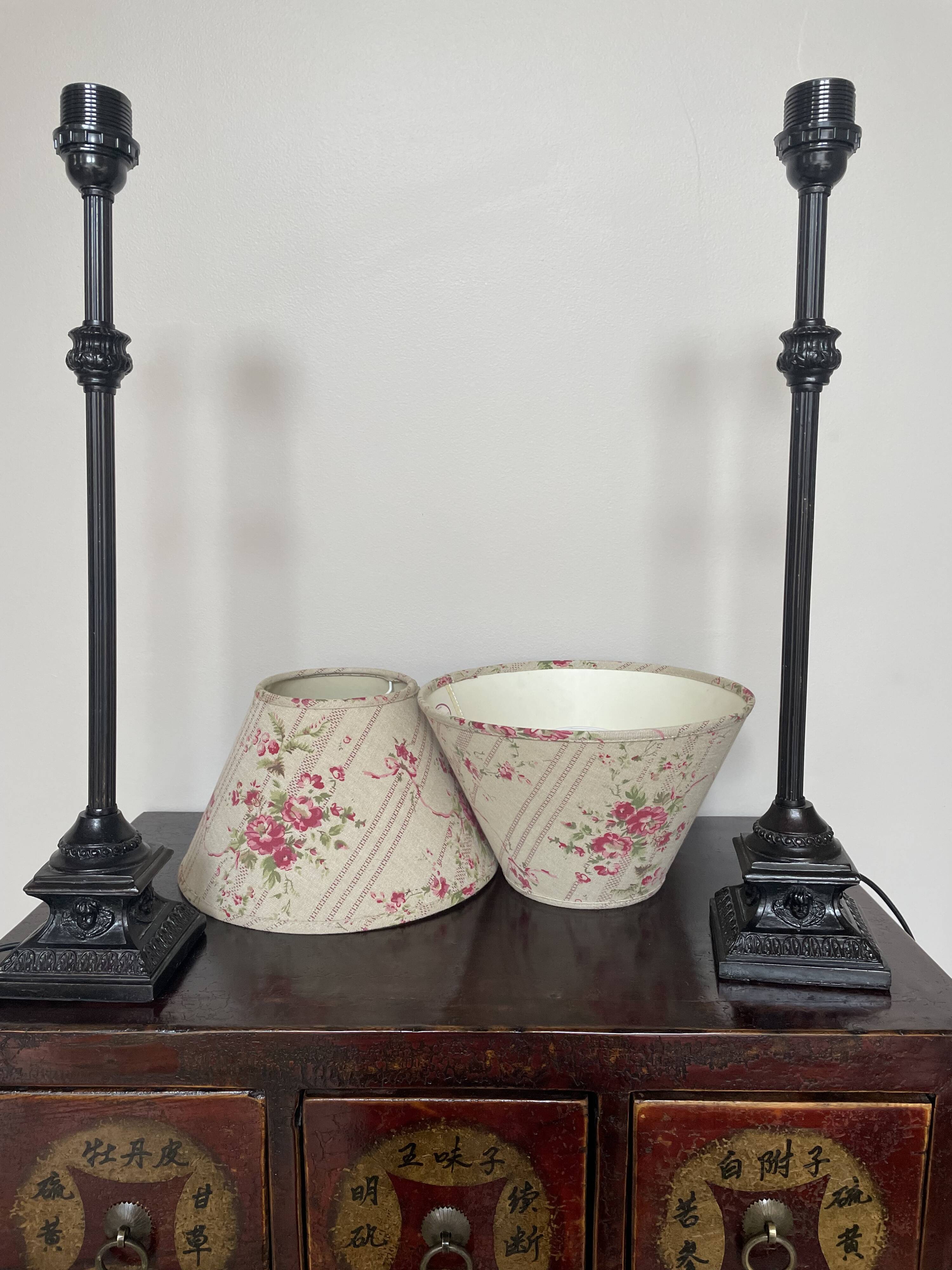 Pair of metal table lamps and shabby chic lampshade