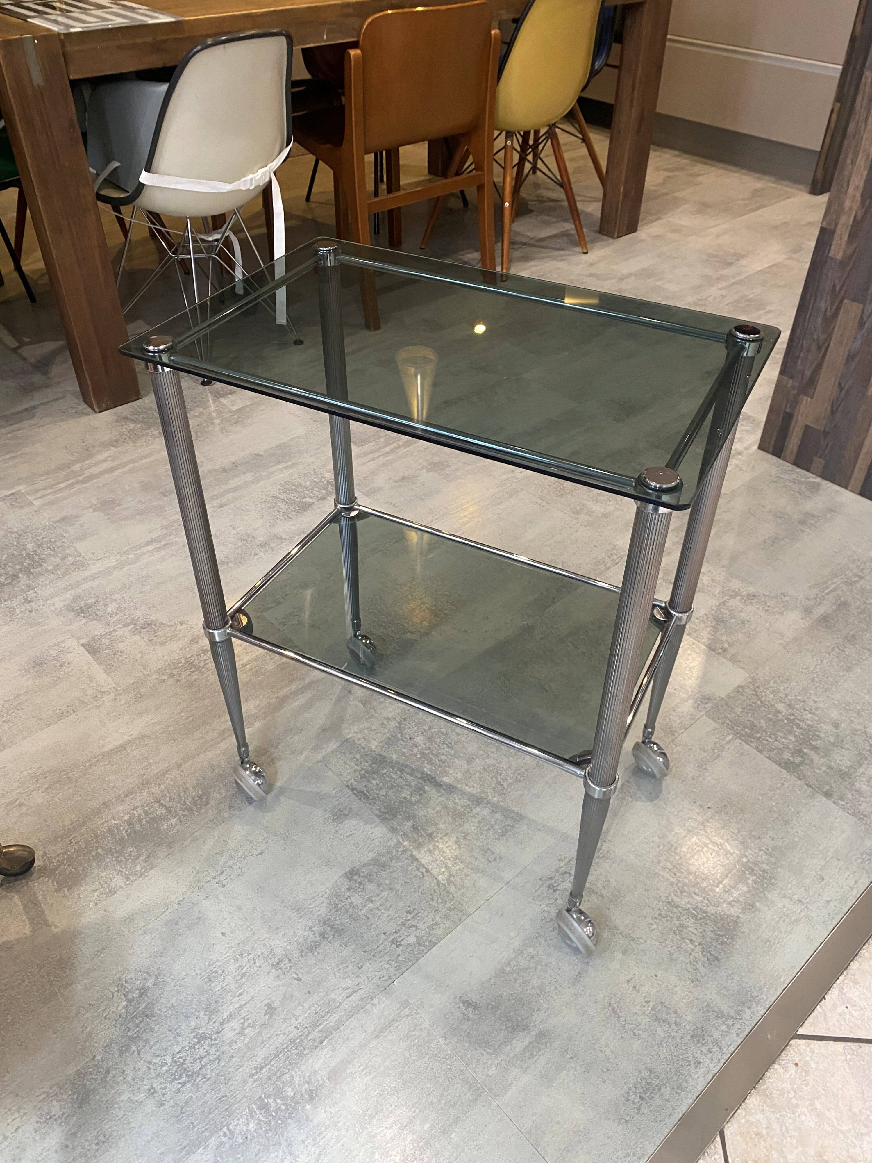 Vintage 1950s silver metal bar cart with wheels and two glass shelves