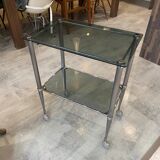 Vintage 1950s silver metal bar cart with wheels and two glass shelves