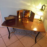 Lounge table, side table on wheels, formica top, gold and black metal