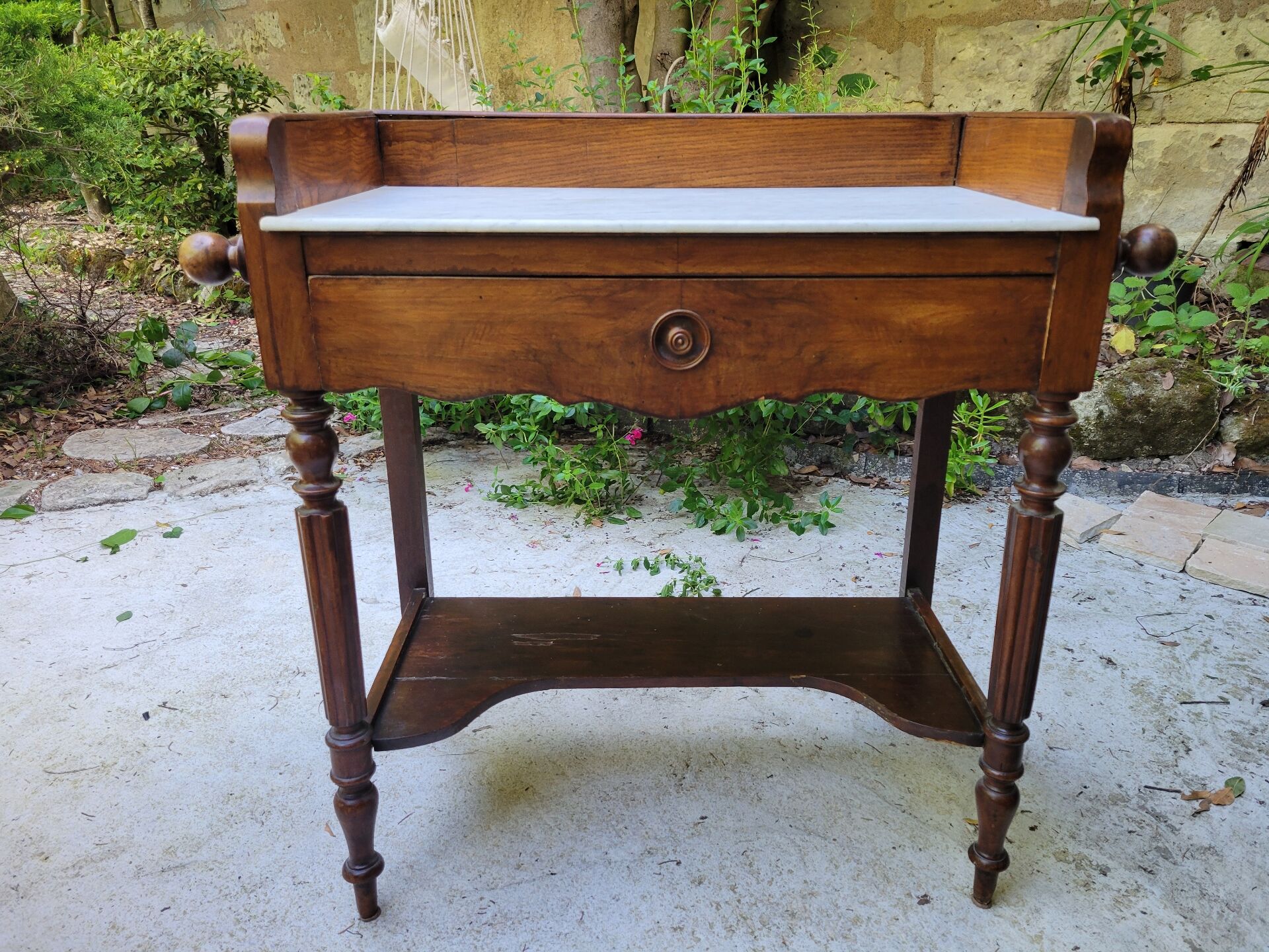 Antique walnut and Carrara white marble dressing table.