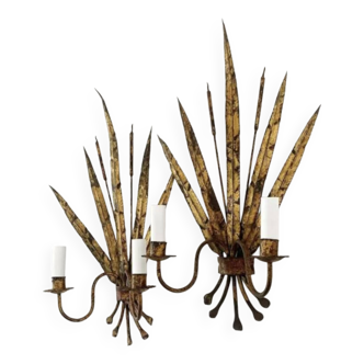 Pair of Art Deco style painted iron gold Reed wall lights, 1950s