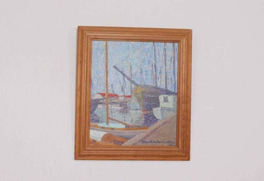 Original Swedish oil on panel – “Moored Boats” by Olle Anderson – vintage & framed – 44 × 51 cm
