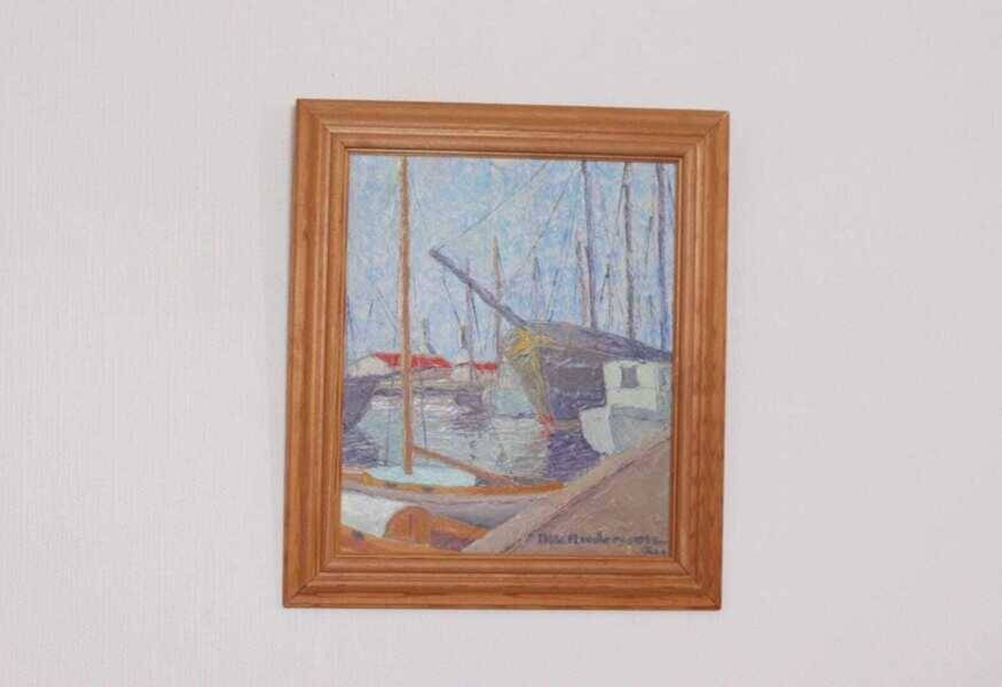 Original Swedish oil on panel – “Moored Boats” by Olle Anderson – vintage & framed – 44 × 51 cm