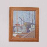 Original Swedish oil on panel – “Moored Boats” by Olle Anderson – vintage & framed – 44 × 51 cm