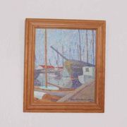Original Swedish oil on panel – “Moored Boats” by Olle Anderson – vintage & framed – 44 × 51 cm