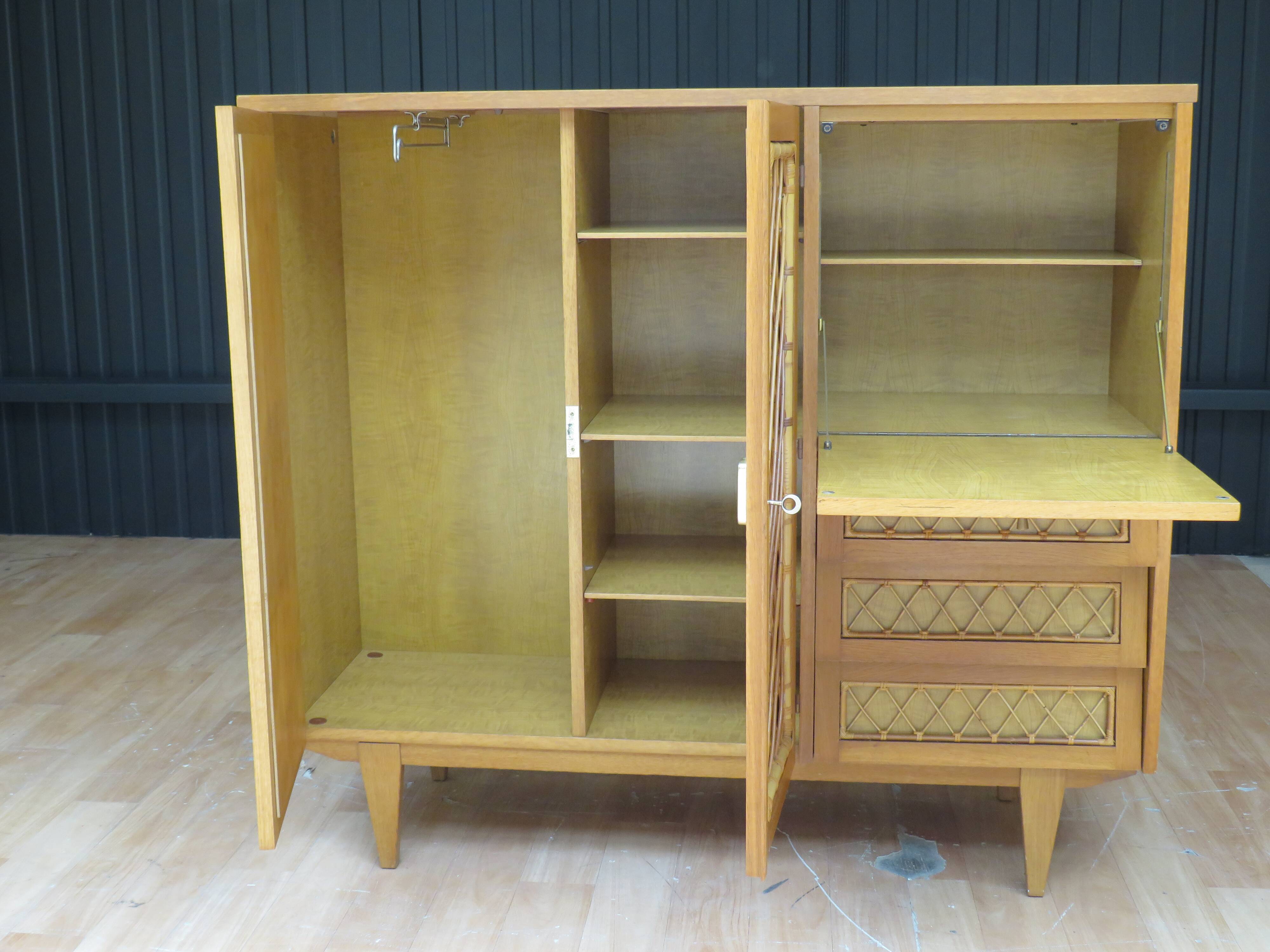 Wardrobe secretary child 60s wood and rattan feet compass