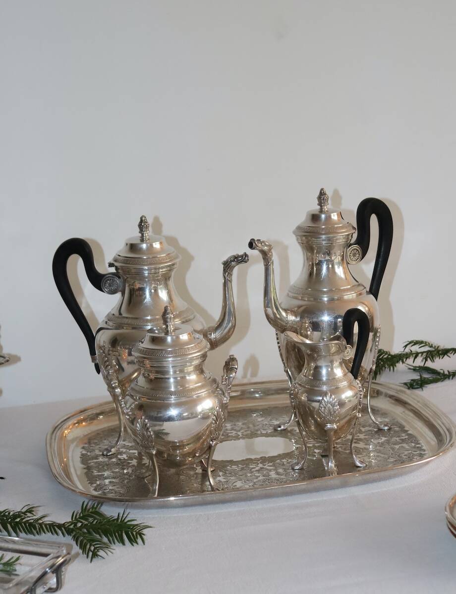 Silver-plated metal tea and coffee service in Empire style.