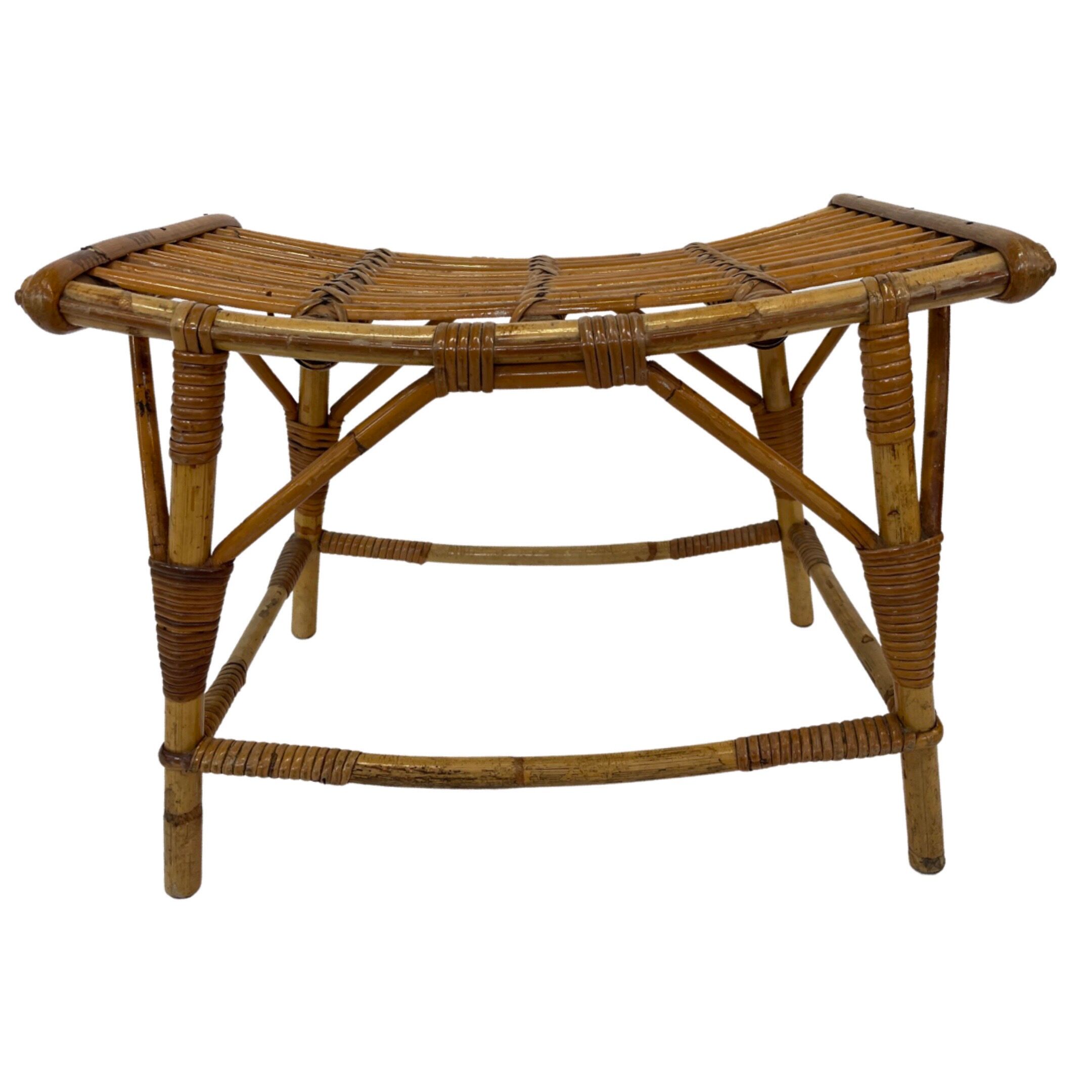 Vintage rattan bamboo footstool stool 1960s