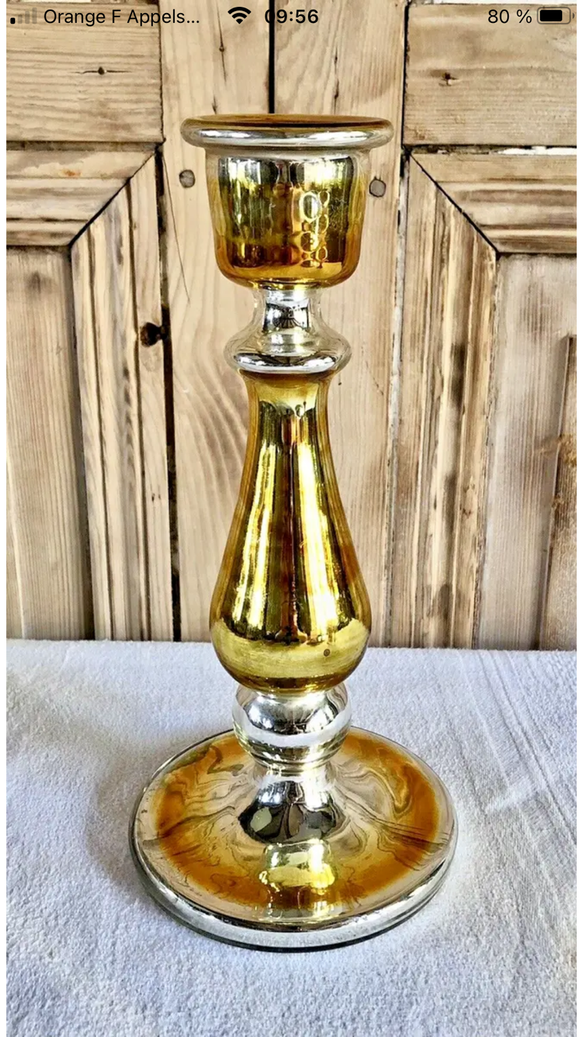 Old candle holder XIX gilded mercurized eglomised glass