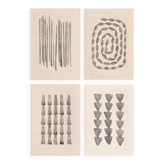 Collection of 4 black abstract paintings signed Eawy.