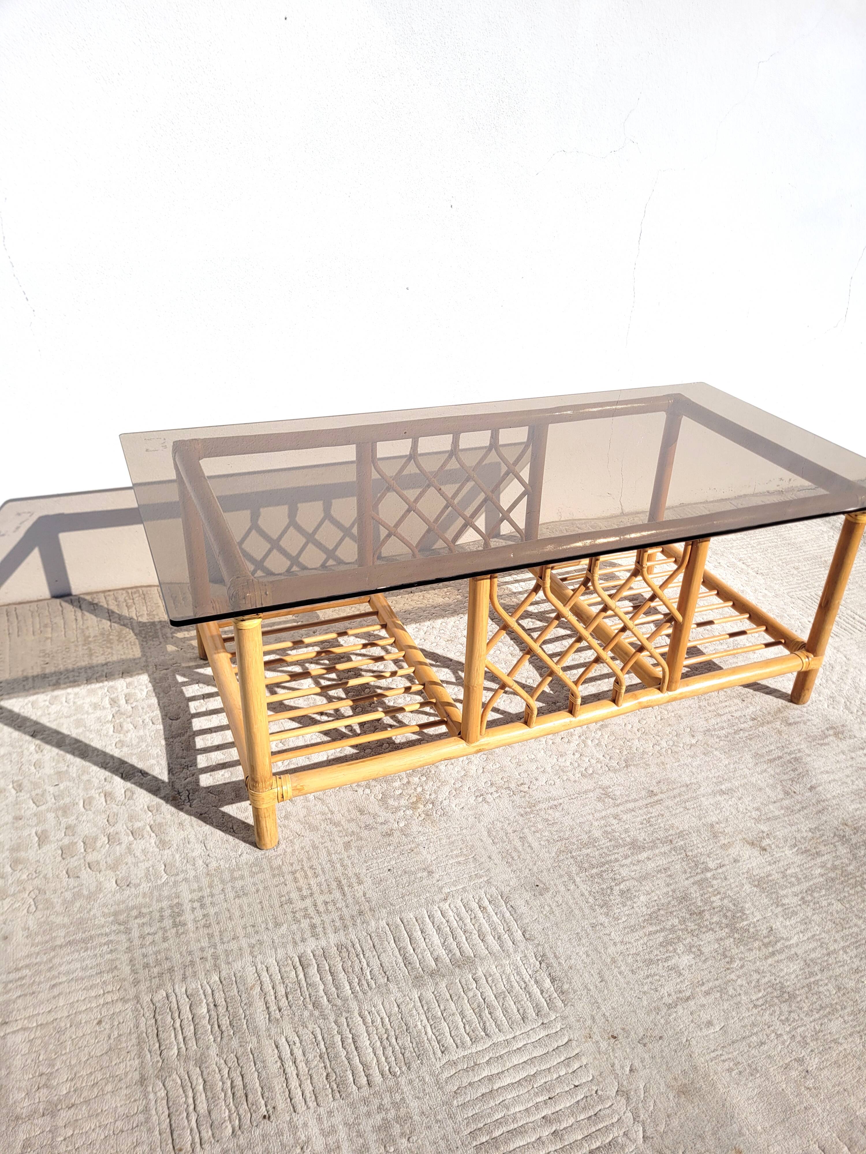 Rattan and smoked glass coffee table